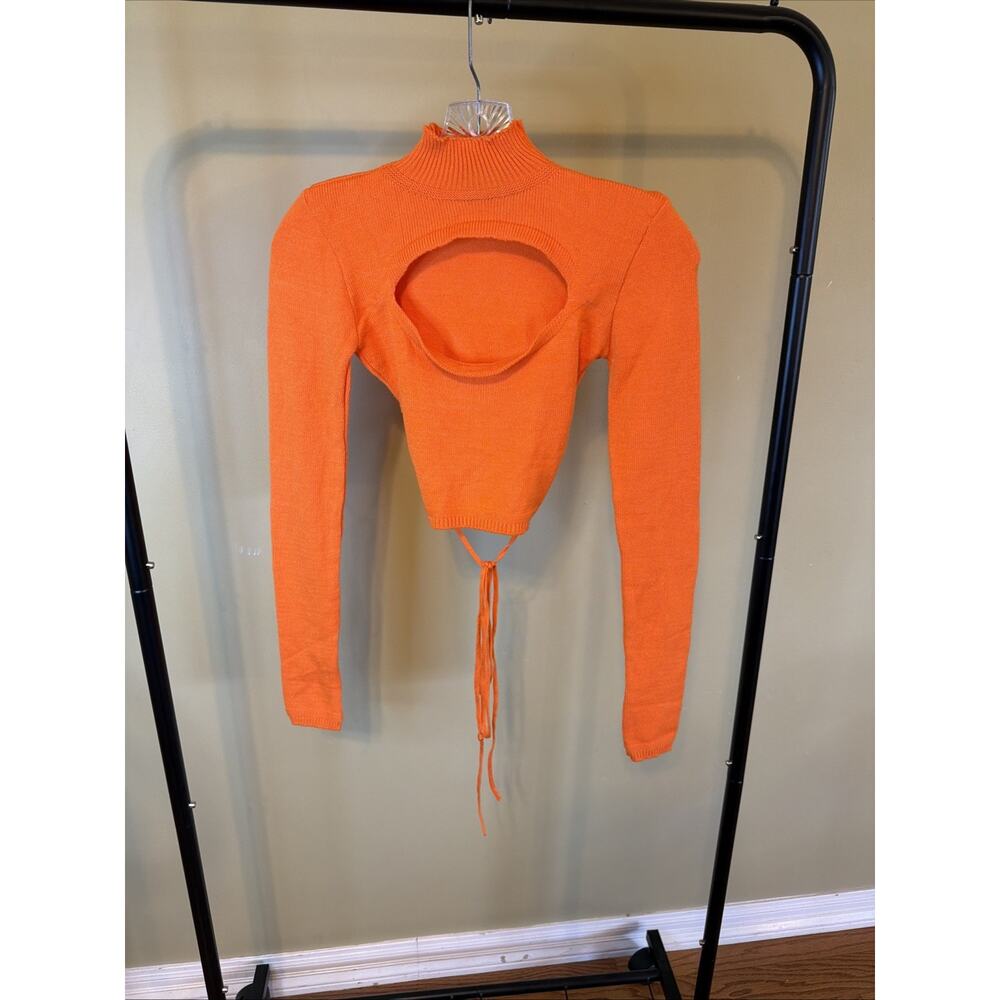 Pretty Little Thing Orange Tie-Back Long Sleeve Mock Turtleneck Crop Sweater XS